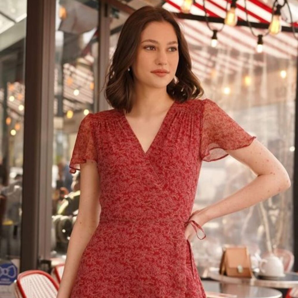 Red V-Neck Midi Dress with Flutter Sleeves